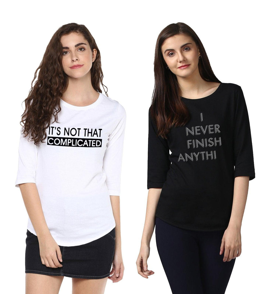 Young Trendz Womens Combo 3/4th Sleeve Complicated Printed White Color and Finish Printed Black Color Tshirts - Young Trendz