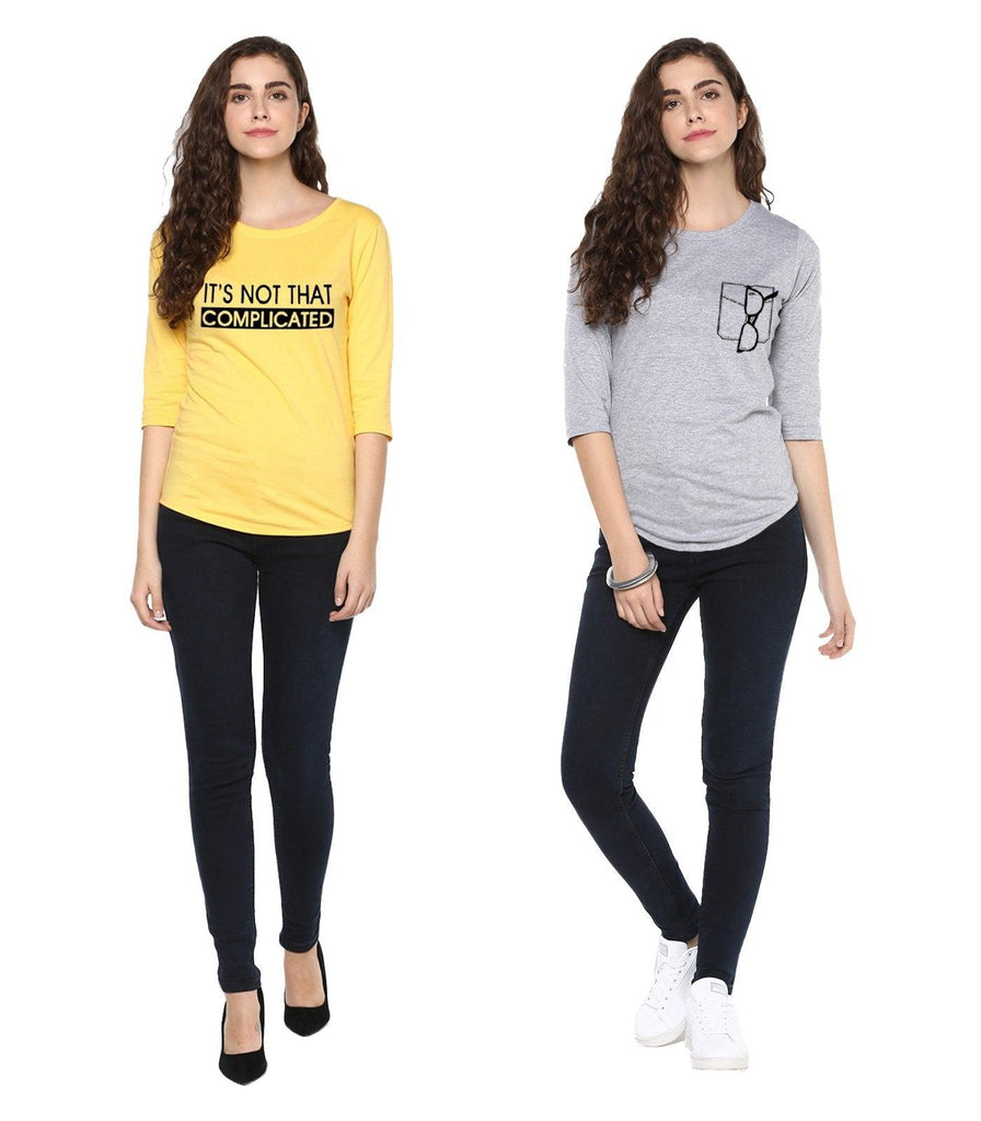 Young Trendz Womens Combo 3/4th Sleeve Complicated Printed Yellow Color and Glass Printed Grey Color Tshirts - Young Trendz
