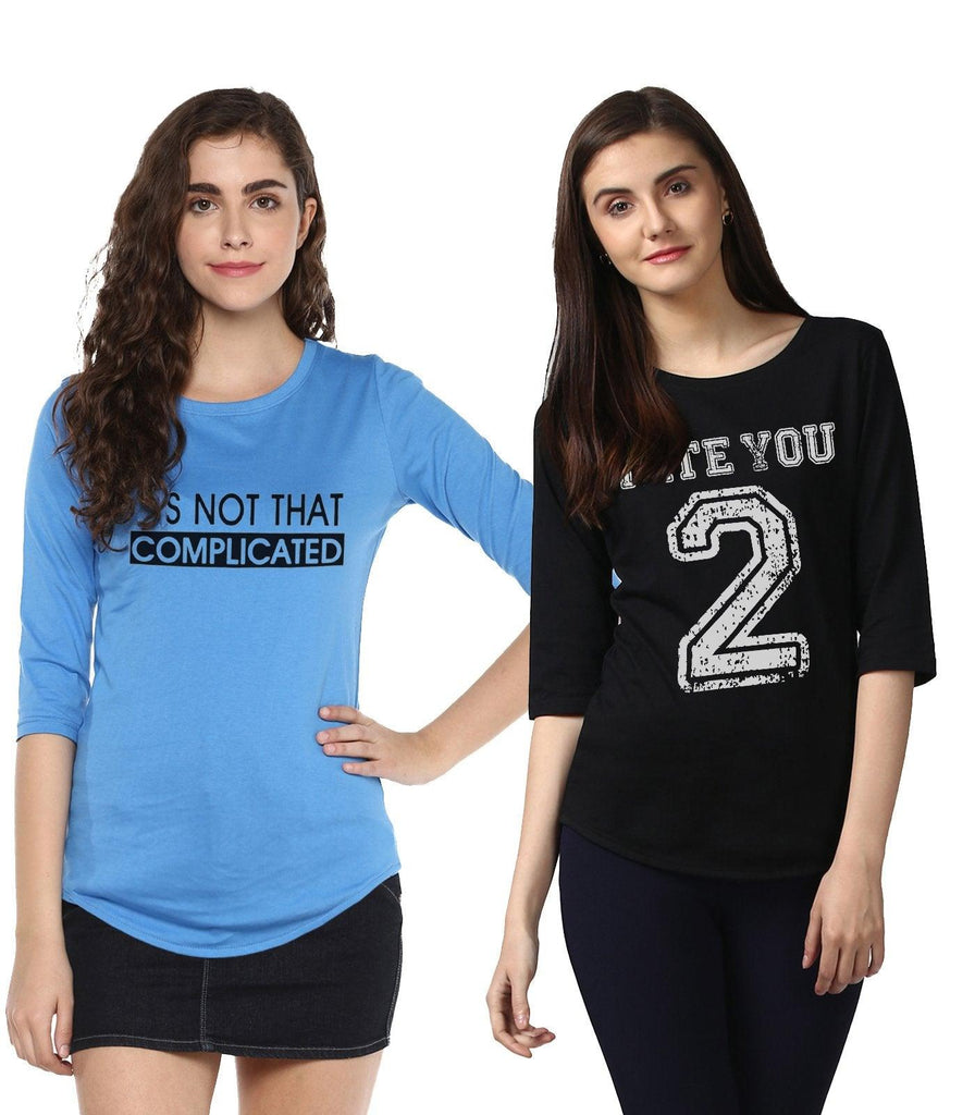Young Trendz Womens Combo 3/4th Sleeve Complicated Printed Sky Blue Color and Hateyou2 Printed Black Color Tshirts - Young Trendz