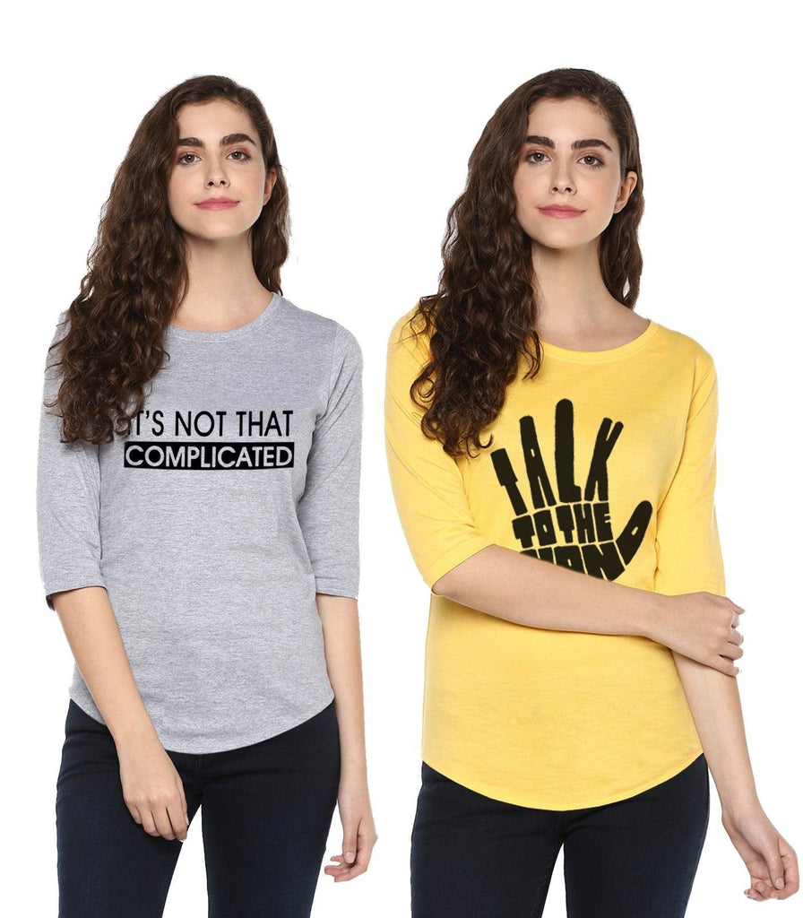 Young Trendz Womens Combo 3/4th Sleeve Complicated Printed Grey Color and Talk Printed Yellow Color Tshirts - Young Trendz