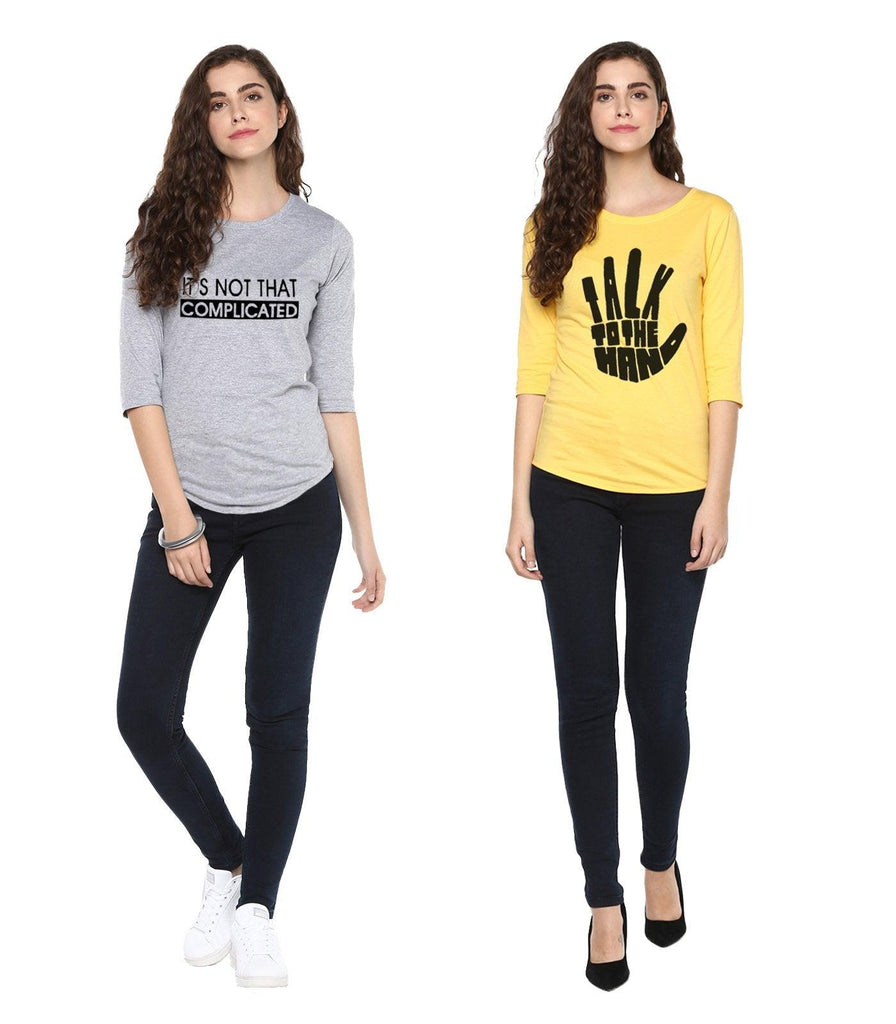 Young Trendz Womens Combo 3/4th Sleeve Complicated Printed Grey Color and Talk Printed Yellow Color Tshirts - Young Trendz