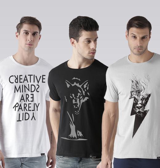 Young Trendz Mens Combo Creative White Color Wolf Black Color and Linewolf Steel Grey Color Half Sleeve Printed T-Shirts - Young Trendz