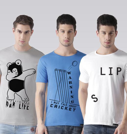 Young Trendz Mens Combo Dabpanda Steel Grey Color T20war Sky Blue Color and Slip White Color Half Sleeve Printed T-Shirts - Young Trendz