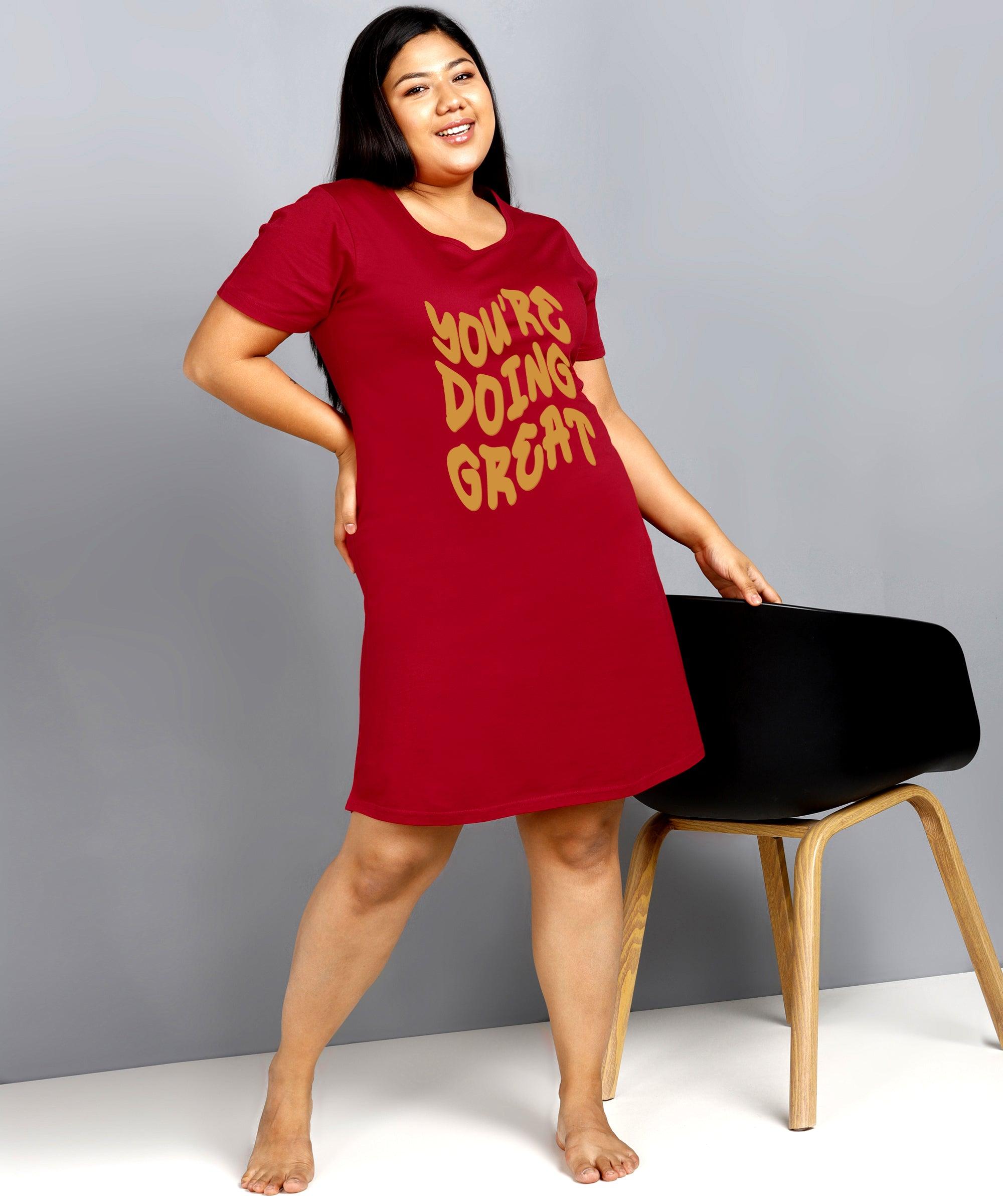 Womens Plus Size Printed Nighty (Maroon) - Young Trendz