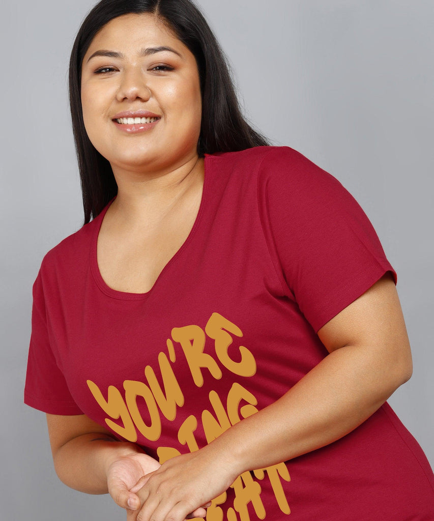 Womens Plus Size Printed Nighty (Maroon) - Young Trendz