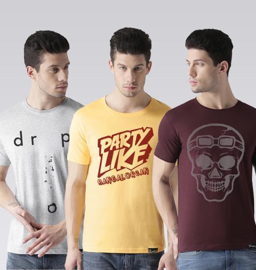 Young Trendz Mens Combo Drop Grey Color Partyb Yellow Color and Skull Maroon Color Half Sleeve Printed T-Shirts - Young Trendz