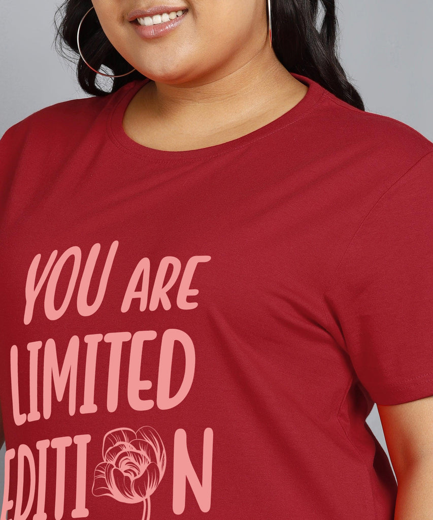 Womens Regular fit Plus Size Printed T-shirt (Maroon) - Young Trendz