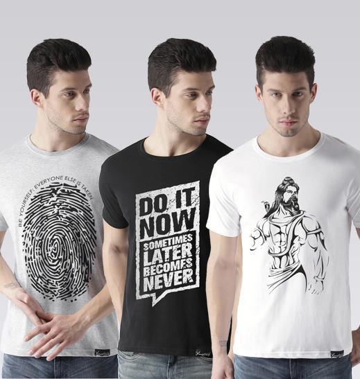 Young Trendz Mens Combo Finger Grey Color Doit Black Color and Shiv White Color Half Sleeve Printed T-Shirts - Young Trendz