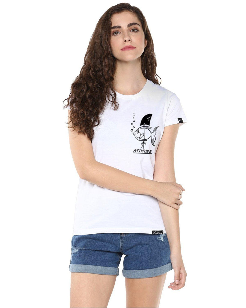 Womens Half Sleeve Fish Printed White Color Tshirts - Young Trendz