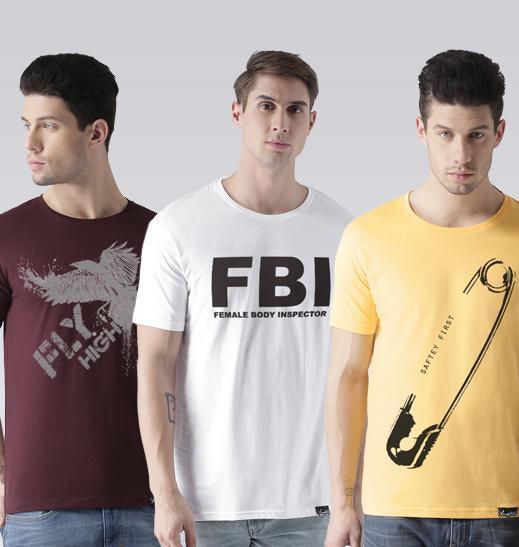 Young Trendz Mens Combo Fly Maroon Color Fbi White Color and Safe Yellow Color Half Sleeve Printed T-Shirts - Young Trendz