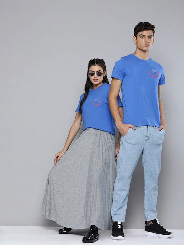 Young Trendz Couple Printed Round Neck T.Shirts (Blue) - Young Trendz