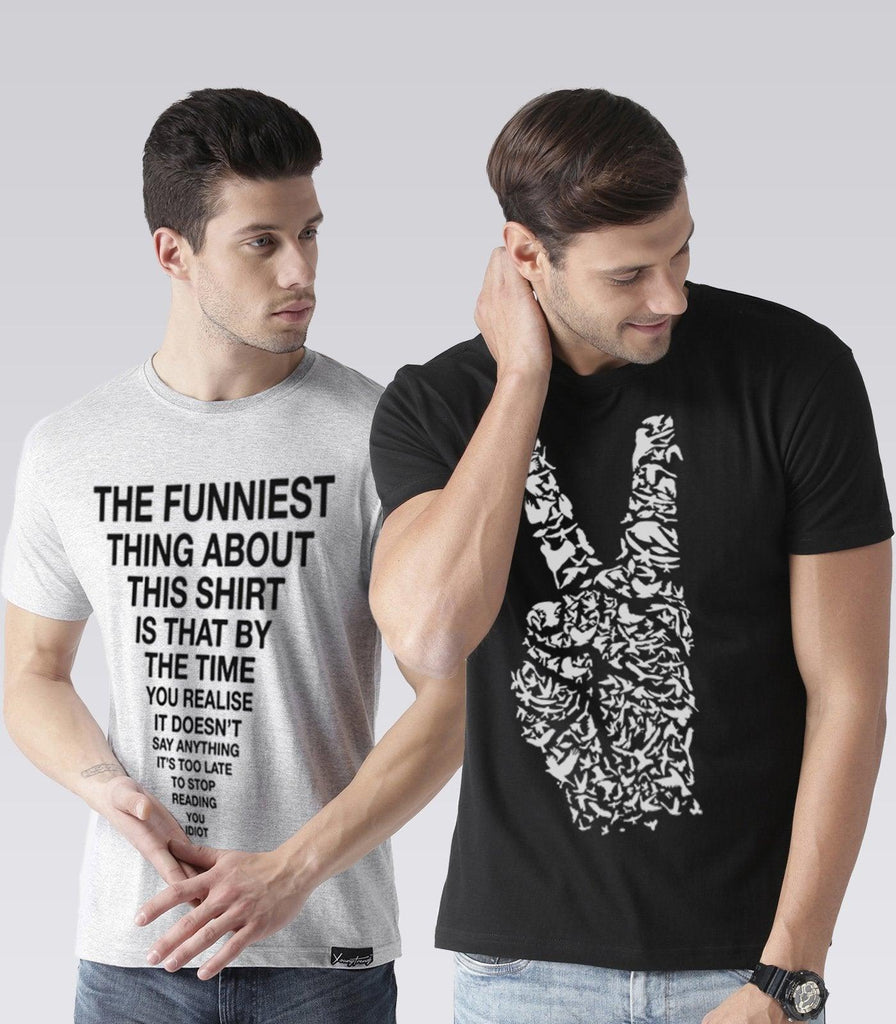 Young Trendz Mens Combo Funnytext Grey Color and Peace Black Color Half Sleeve Printed T-Shirts - Young Trendz
