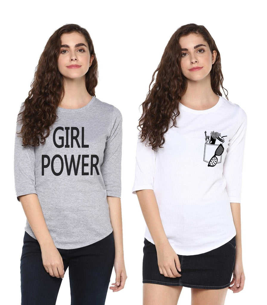 Young Trendz Womens Combo 3/4th Sleeve Girlpower Printed Grey Color and Frenchfry Printed White Color Tshirts - Young Trendz