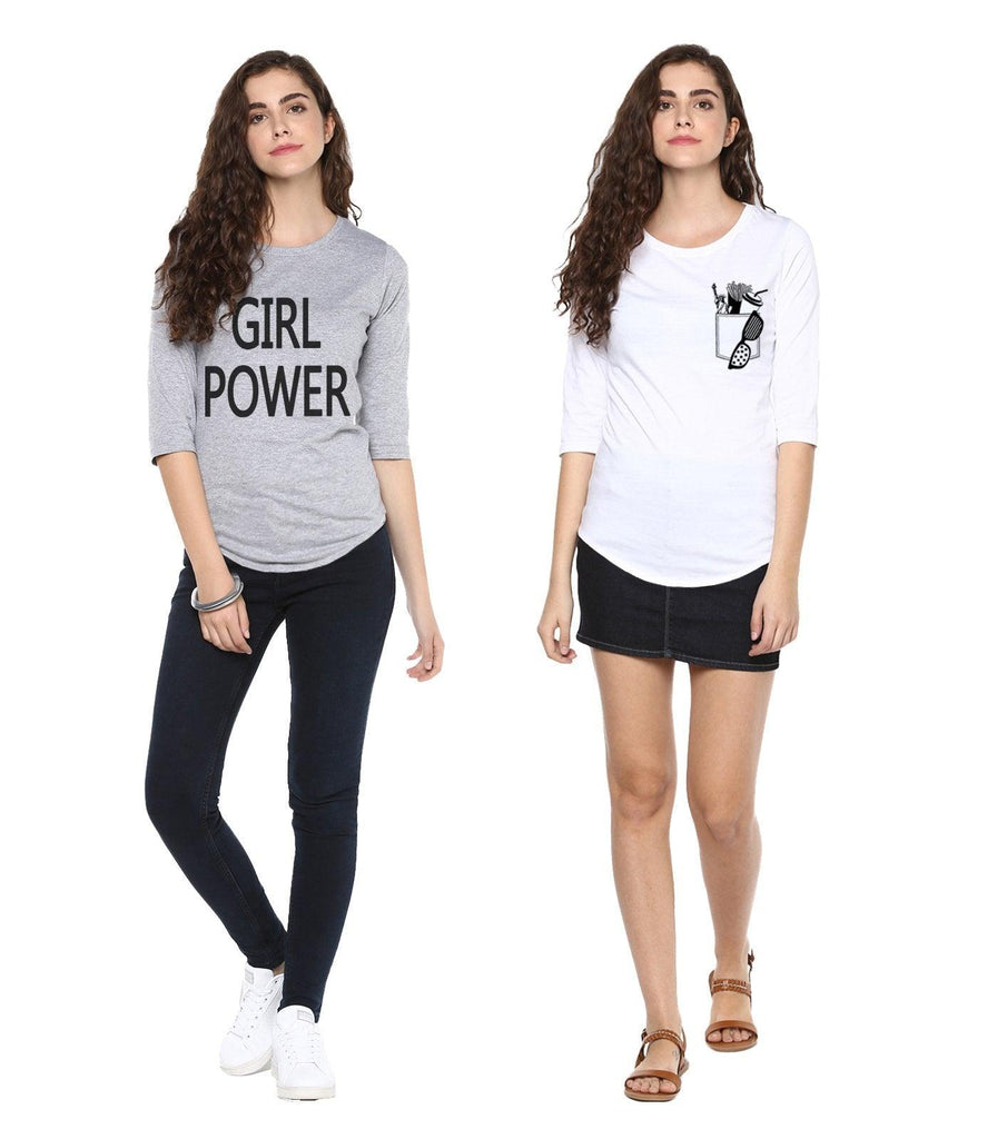 Young Trendz Womens Combo 3/4th Sleeve Girlpower Printed Grey Color and Frenchfry Printed White Color Tshirts - Young Trendz