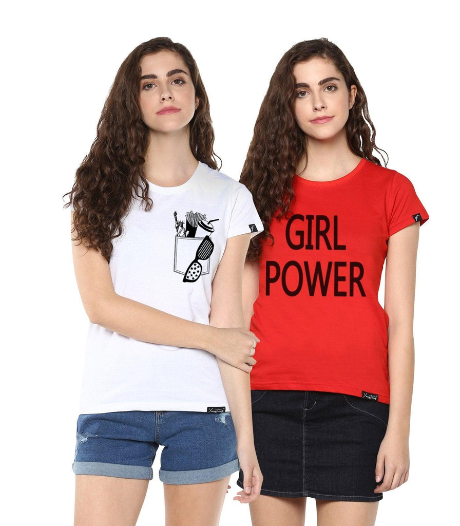 Young Trendz Womens Combo Half Sleeve Girlpower Printed Red Color and Frenchfry Printed White Color Tshirts - Young Trendz