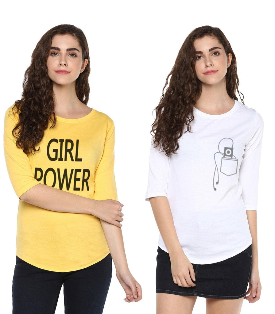 Young Trendz Womens Combo 3/4th Sleeve Girlpower Printed Yellow Color and Headphone Printed White Color Tshirts - Young Trendz