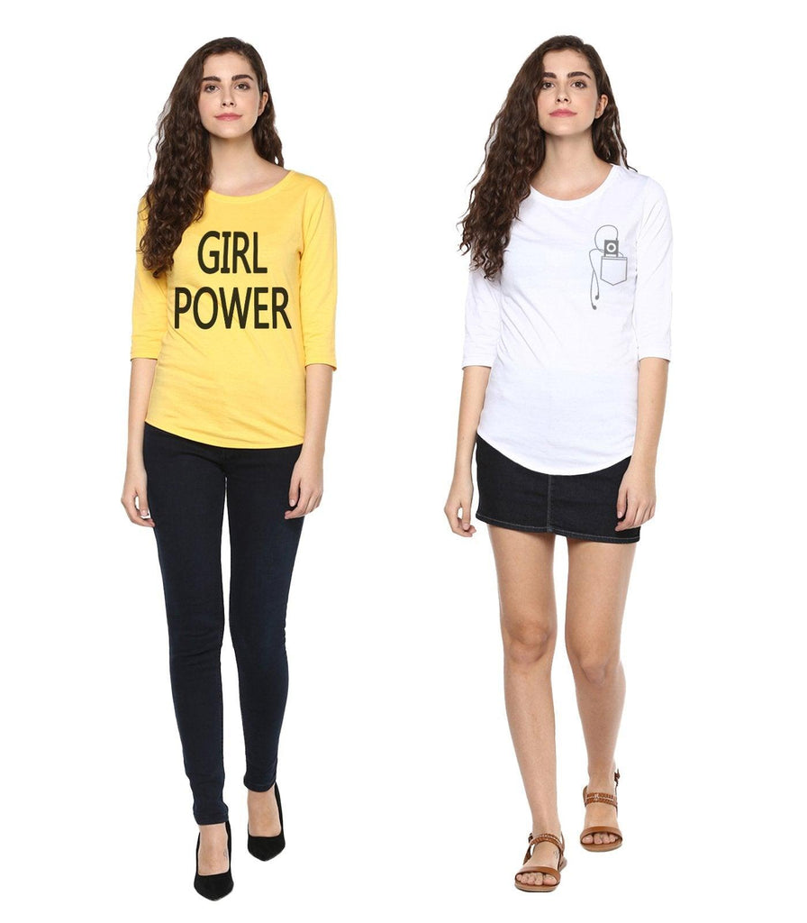 Young Trendz Womens Combo 3/4th Sleeve Girlpower Printed Yellow Color and Headphone Printed White Color Tshirts - Young Trendz