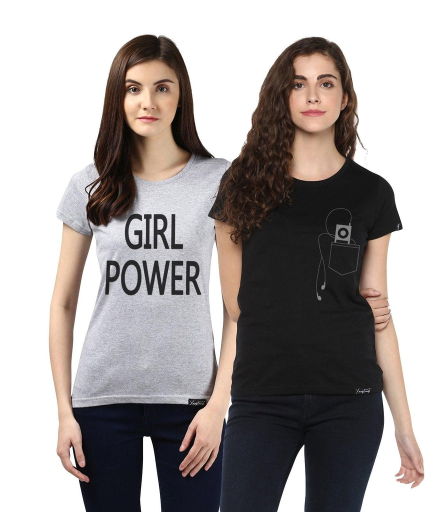 Young Trendz Womens Combo Half Sleeve Girlpower Printed Grey Color and Headphone Printed Black Color Tshirts - Young Trendz