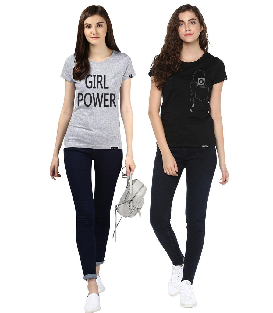 Young Trendz Womens Combo Half Sleeve Girlpower Printed Grey Color and Headphone Printed Black Color Tshirts - Young Trendz