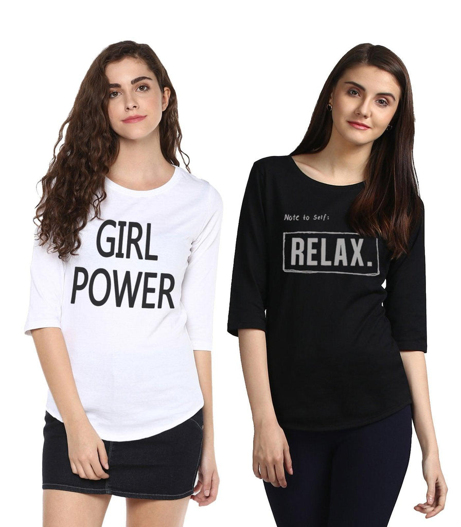 Young Trendz Womens Combo 3/4th Sleeve Girlpower Printed White Color and Note2relax Printed Black Color Tshirts - Young Trendz