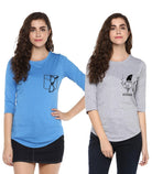 Young Trendz Womens Combo 3/4th Sleeve Glass Printed Sky Blue Color and Fish Printed Grey Color Tshirts - Young Trendz