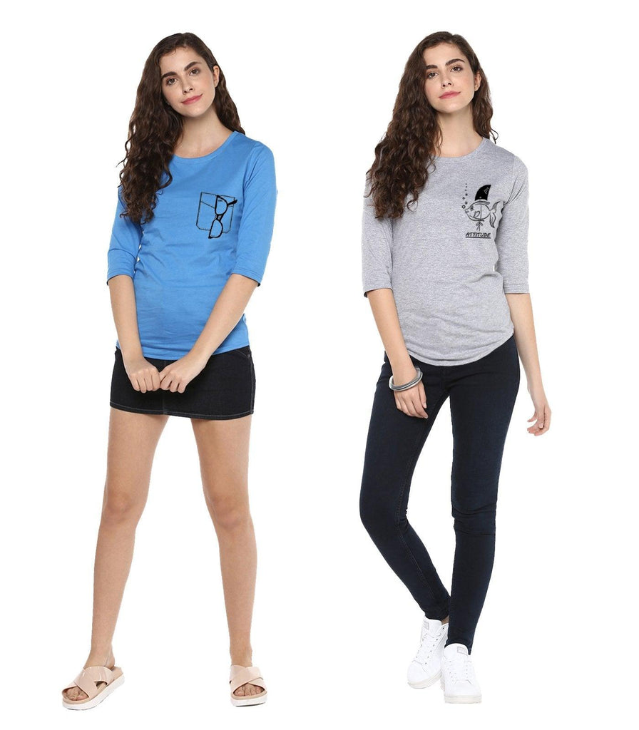 Young Trendz Womens Combo 3/4th Sleeve Glass Printed Sky Blue Color and Fish Printed Grey Color Tshirts - Young Trendz