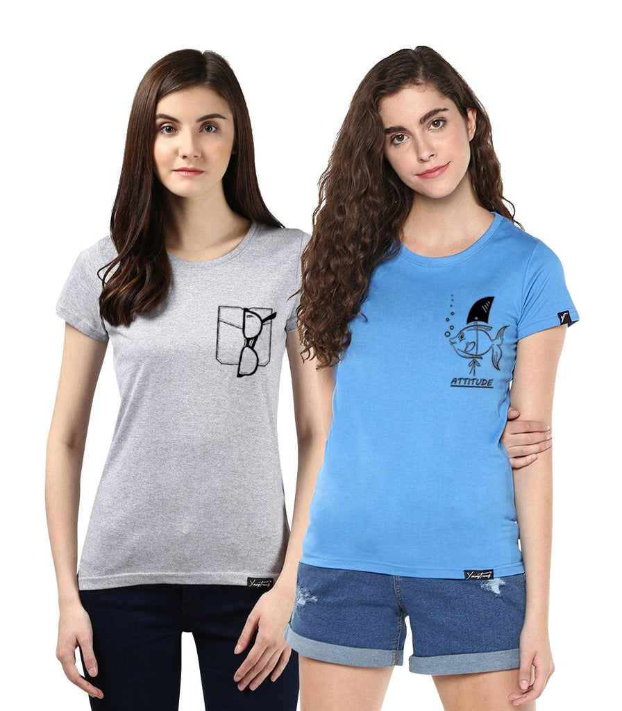 Young Trendz Womens Combo Half Sleeve Glass Grey Color and Fish Printed Skyblue Color Tshirts - Young Trendz