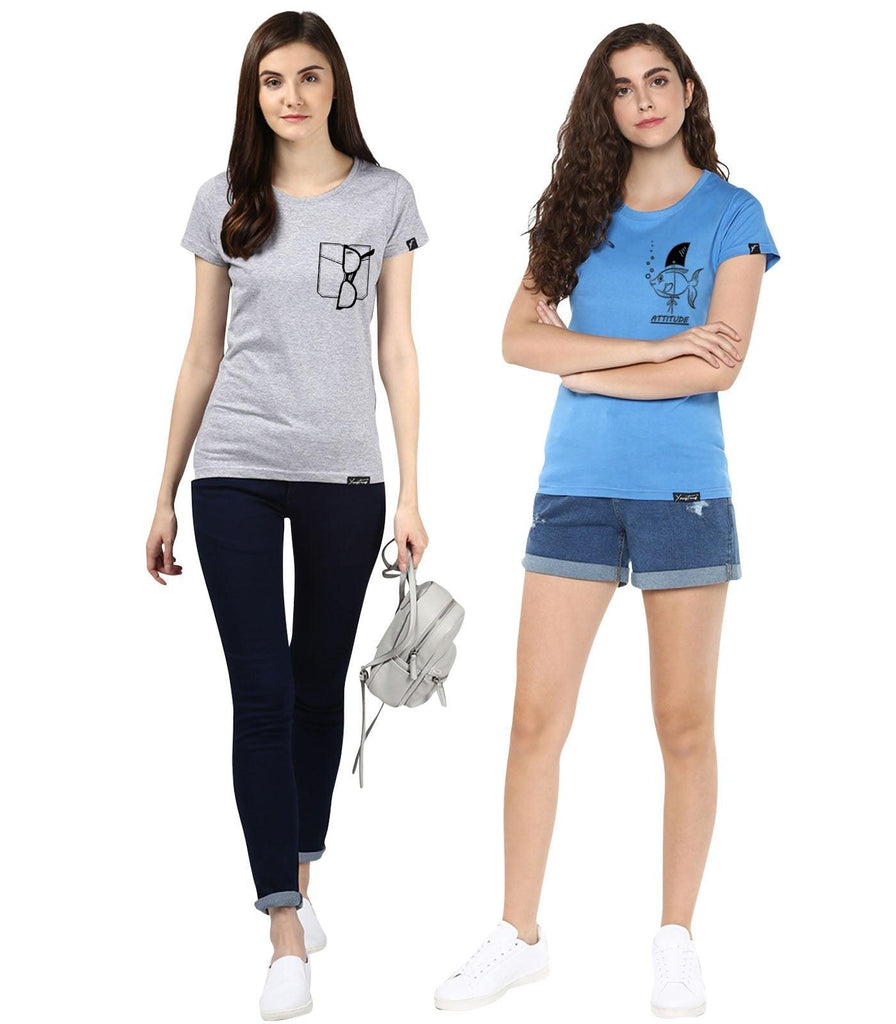 Young Trendz Womens Combo Half Sleeve Glass Grey Color and Fish Printed Skyblue Color Tshirts - Young Trendz