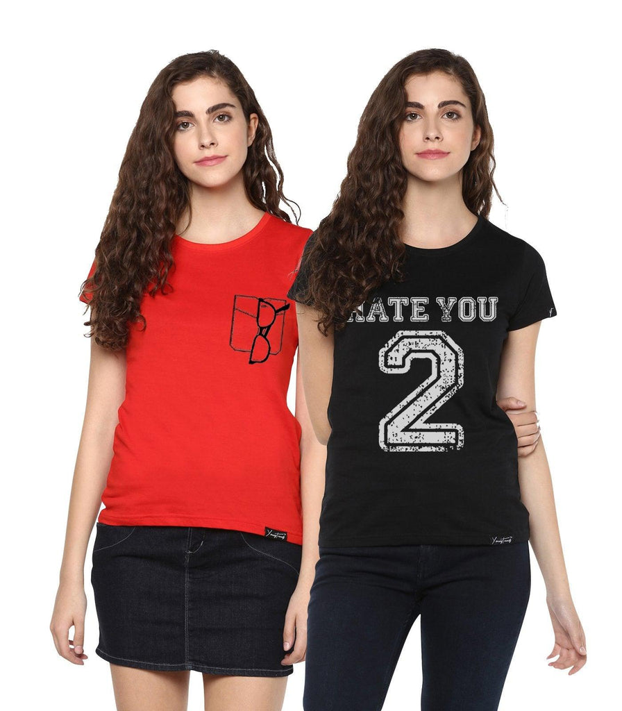 Young Trendz Womens Combo Half Sleeve Glass Red Color and Hateu2 Printed Black Color Tshirts - Young Trendz