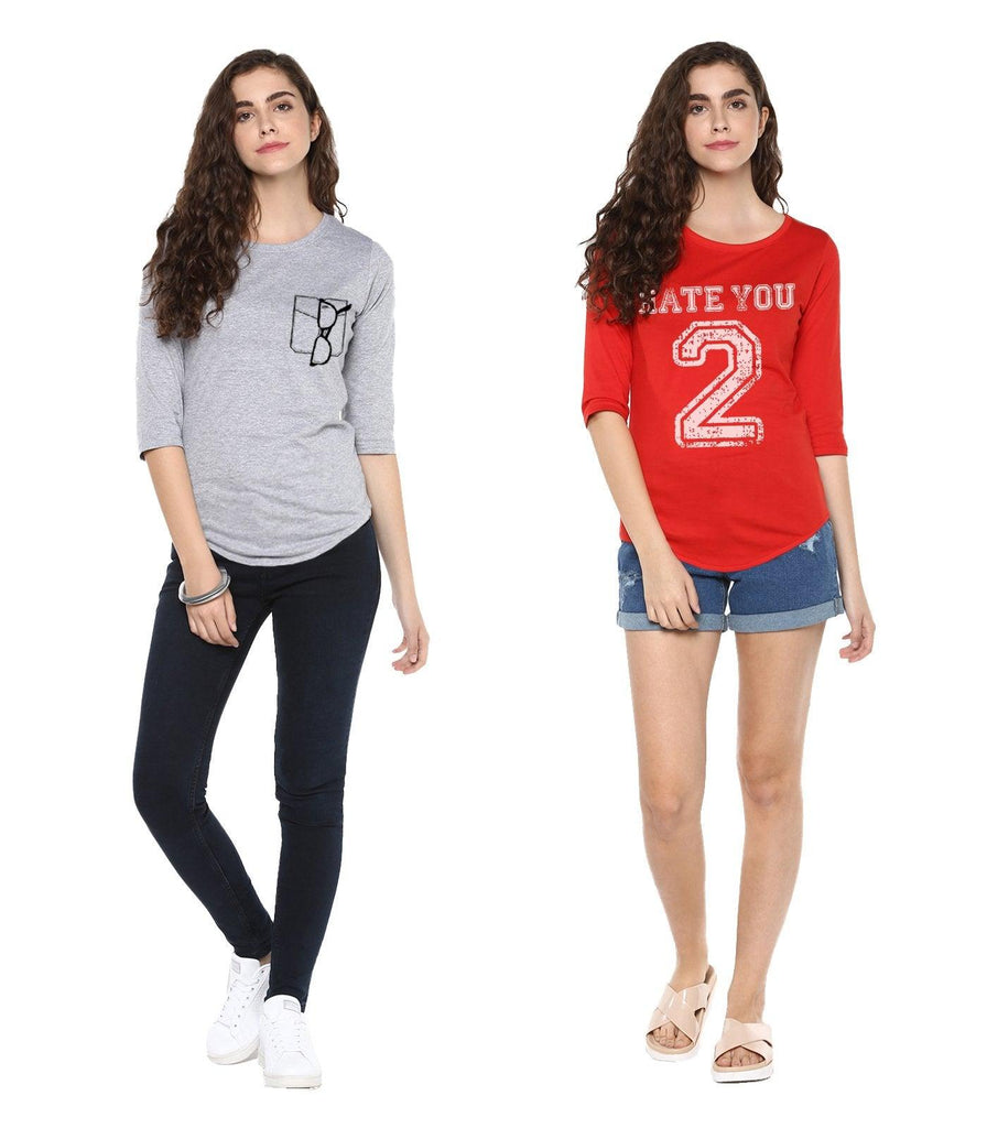 Young Trendz Womens Combo 3/4th Sleeve Glass Printed Grey Color and Hateyou2 Printed Red Color Tshirts - Young Trendz