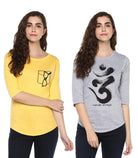 Young Trendz Womens Combo 3/4th Sleeve Glass Printed Yellow Color and Omm Printed Grey Color Tshirts - Young Trendz