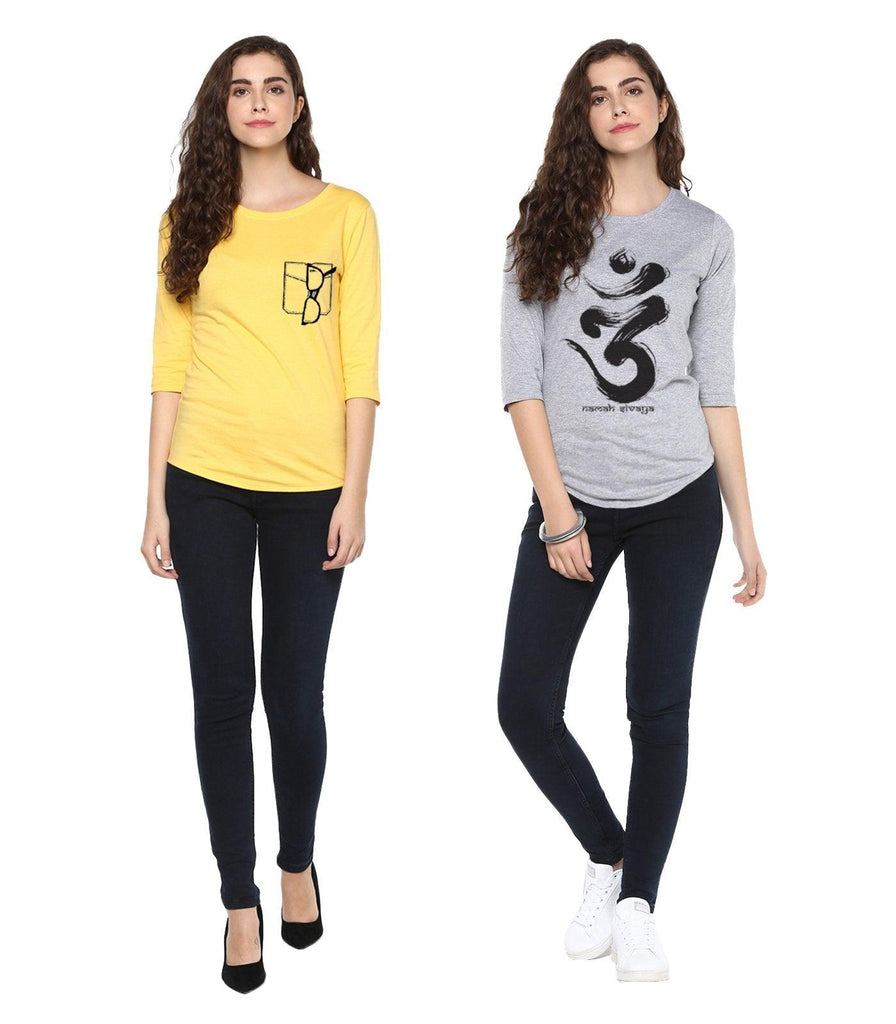 Young Trendz Womens Combo 3/4th Sleeve Glass Printed Yellow Color and Omm Printed Grey Color Tshirts - Young Trendz