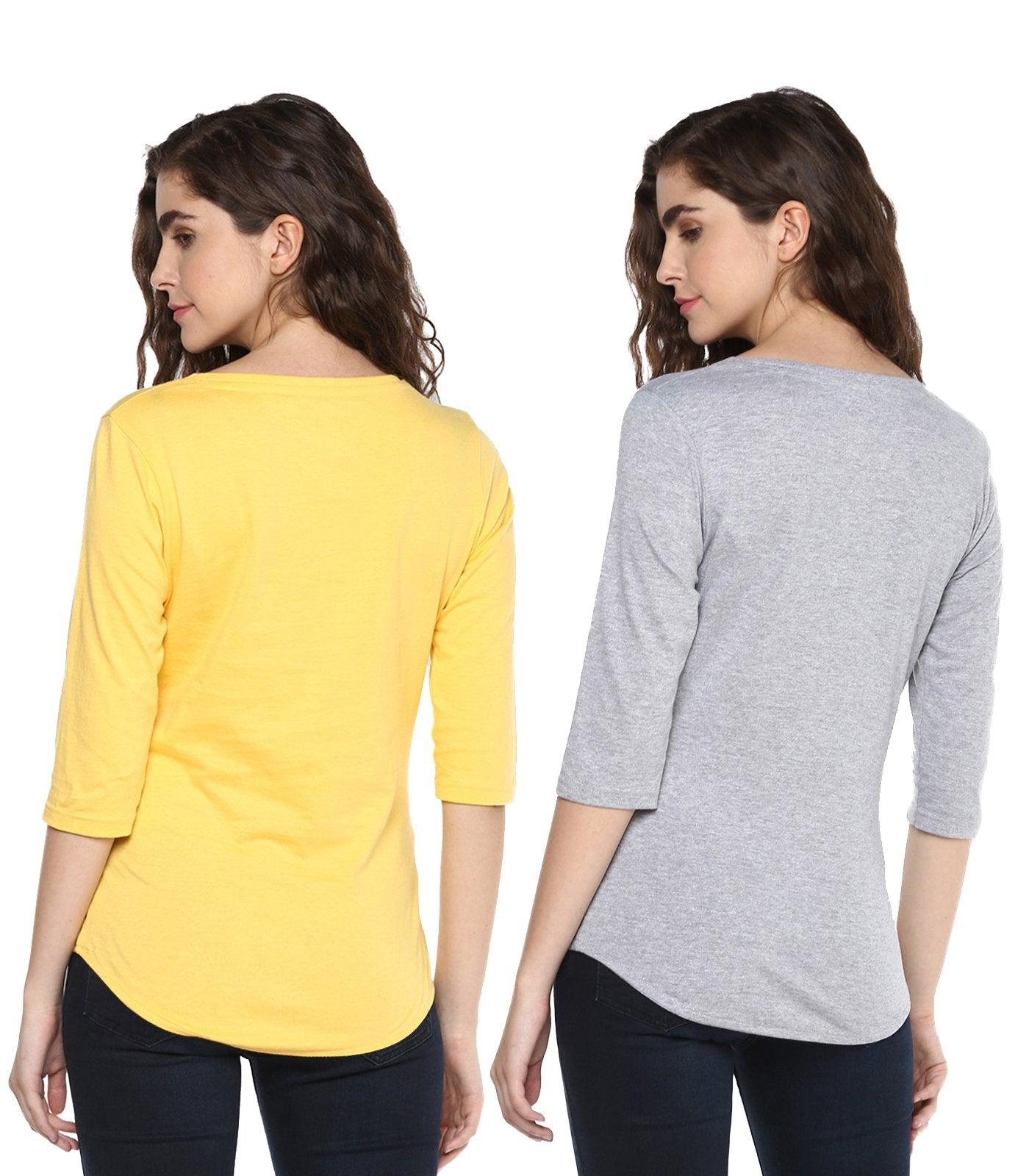 Young Trendz Womens Combo 3/4th Sleeve Glass Printed Yellow Color and Omm Printed Grey Color Tshirts - Young Trendz