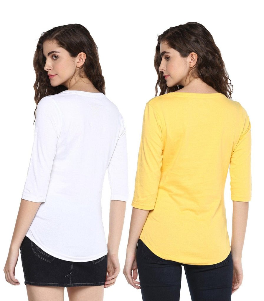 Young Trendz Womens Combo 3/4th Sleeve Glass Printed White Color and Peace Printed Yellow Color Tshirts - Young Trendz