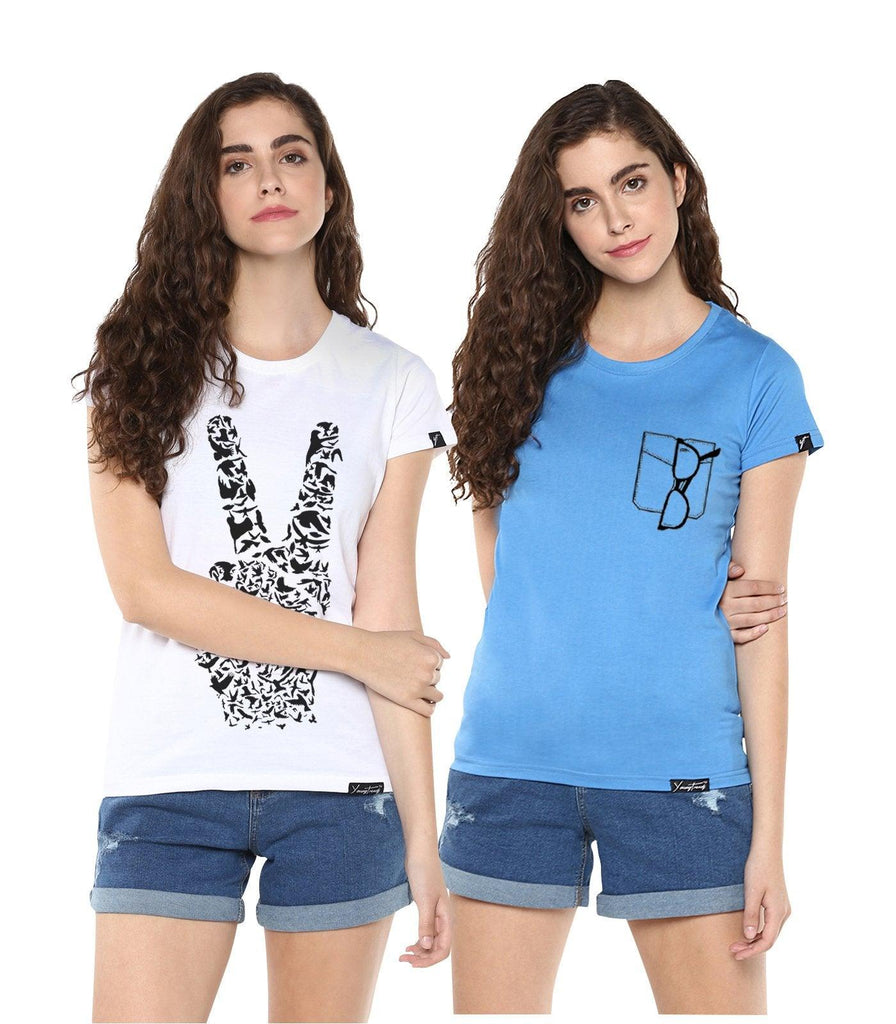 Young Trendz Womens Combo Half Sleeve Glass Printed Skyblue Color and Peace Printed White Color Tshirts - Young Trendz