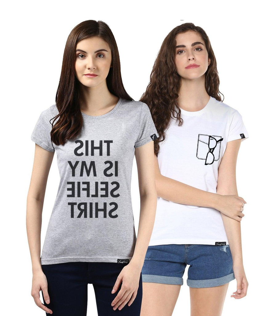Young Trendz Womens Combo Half Sleeve Glass Printed White Color and Selfie Printed Grey Color Tshirts - Young Trendz