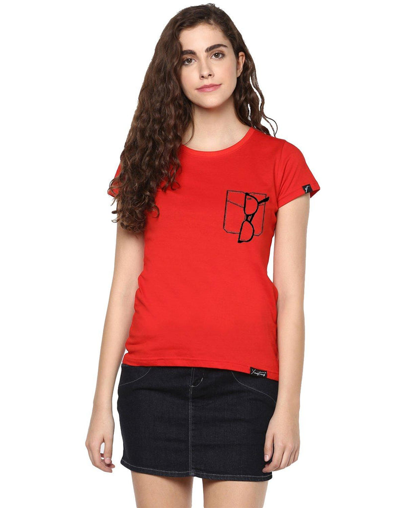 Womens Half Sleeve Glass Printed Red Color Tshirts - Young Trendz