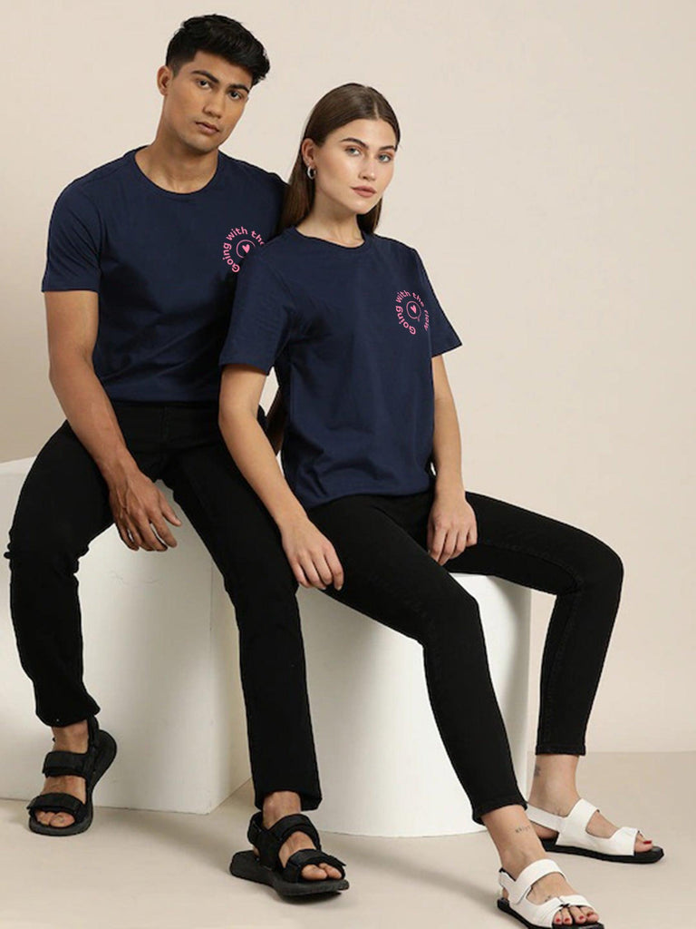 Young Trendz Couple Printed Round Neck T.Shirts (Navy) - Young Trendz