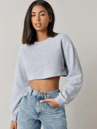 Womens Boxy Crop Full Sleeve Solid Sweatshirt (GREY) - Young Trendz