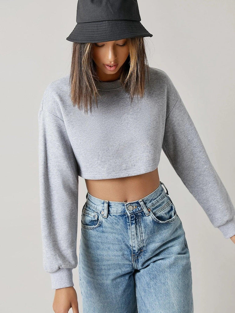 Womens Boxy Crop Full Sleeve Solid Sweatshirt (GREY) - Young Trendz