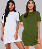 Women Sleeve striped Night Dress - Knee Length Combo (WHITE&OLIVE) - Young Trendz