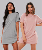 Women Sleeve striped Night Dress - Knee Length Combo (GREY&PINK) - Young Trendz