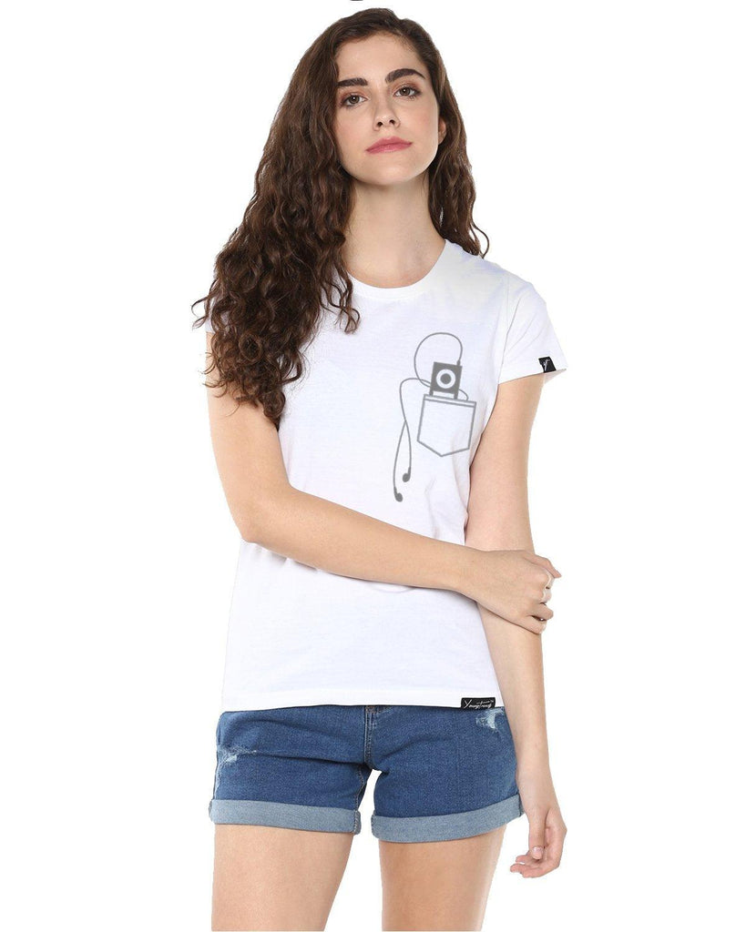 Womens Half Sleeve Headphone Printed White Color Tshirts - Young Trendz