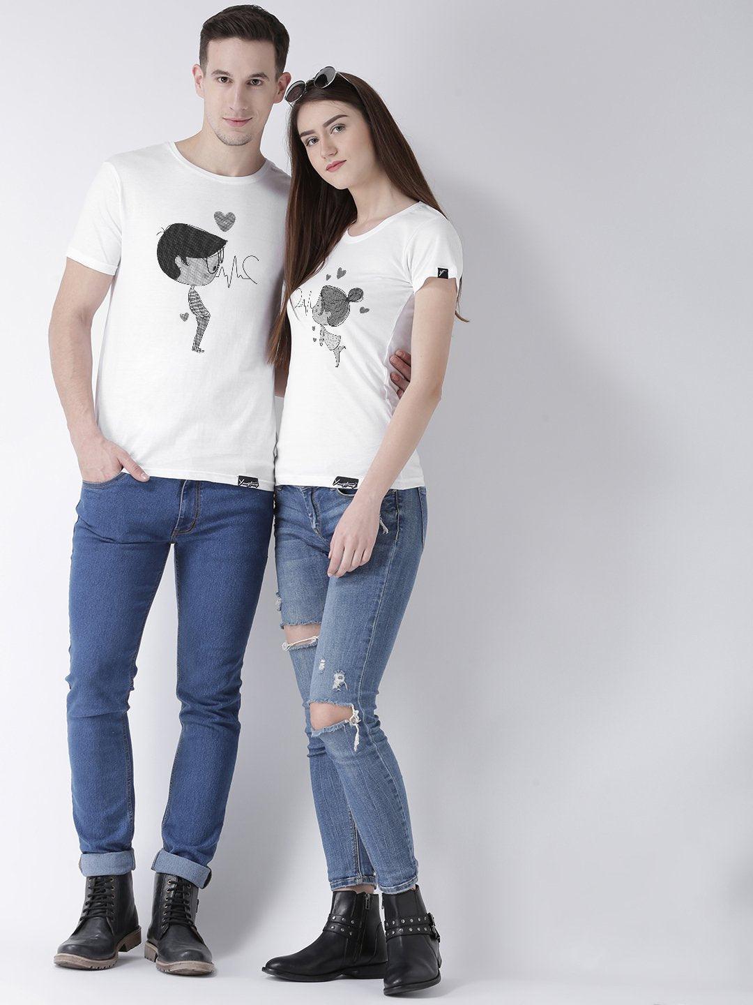 Pulse Printed White Color Couple Tshirts - Young Trendz