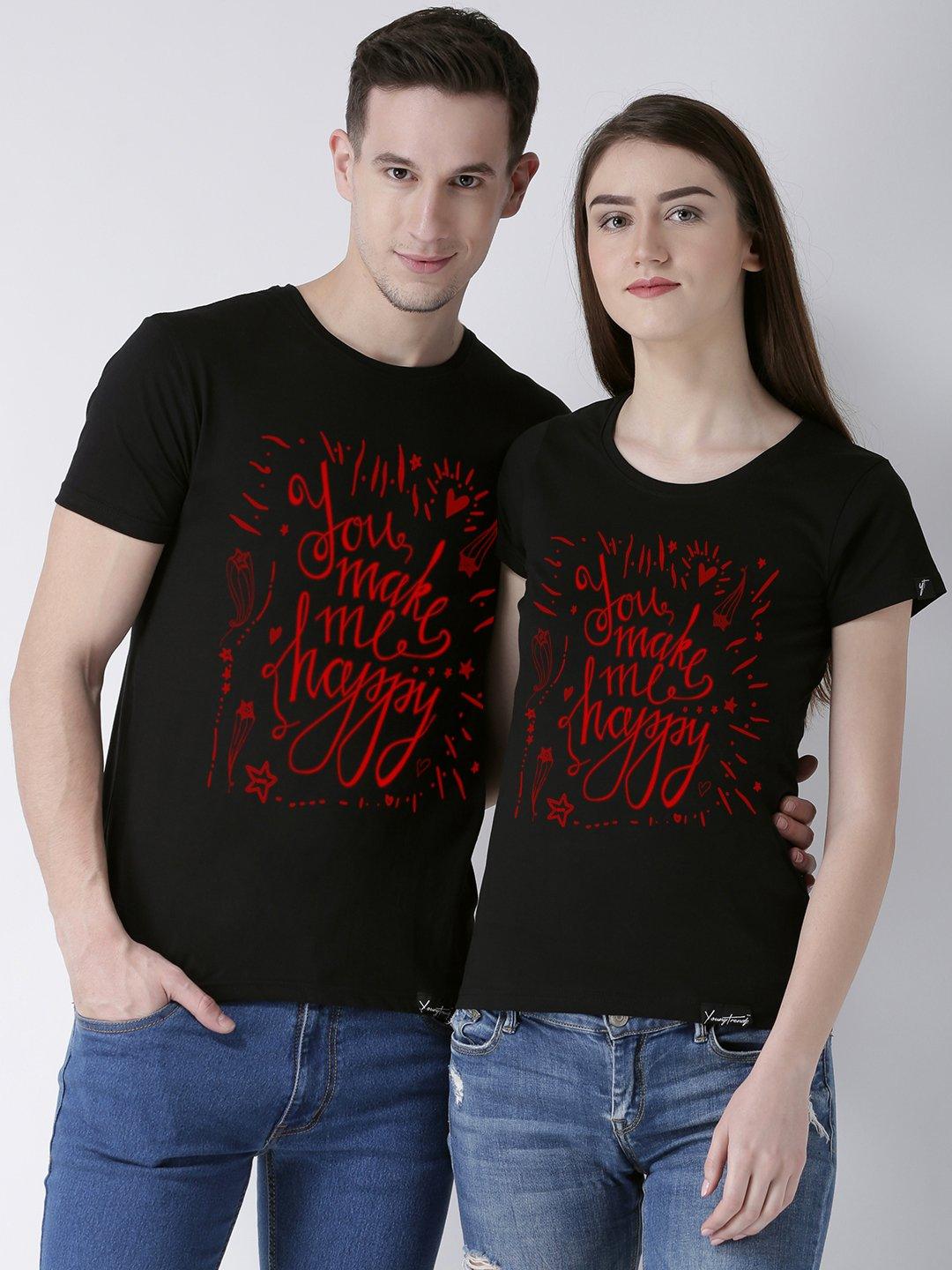 Happy Printed Black Color Couple Tshirts - Young Trendz