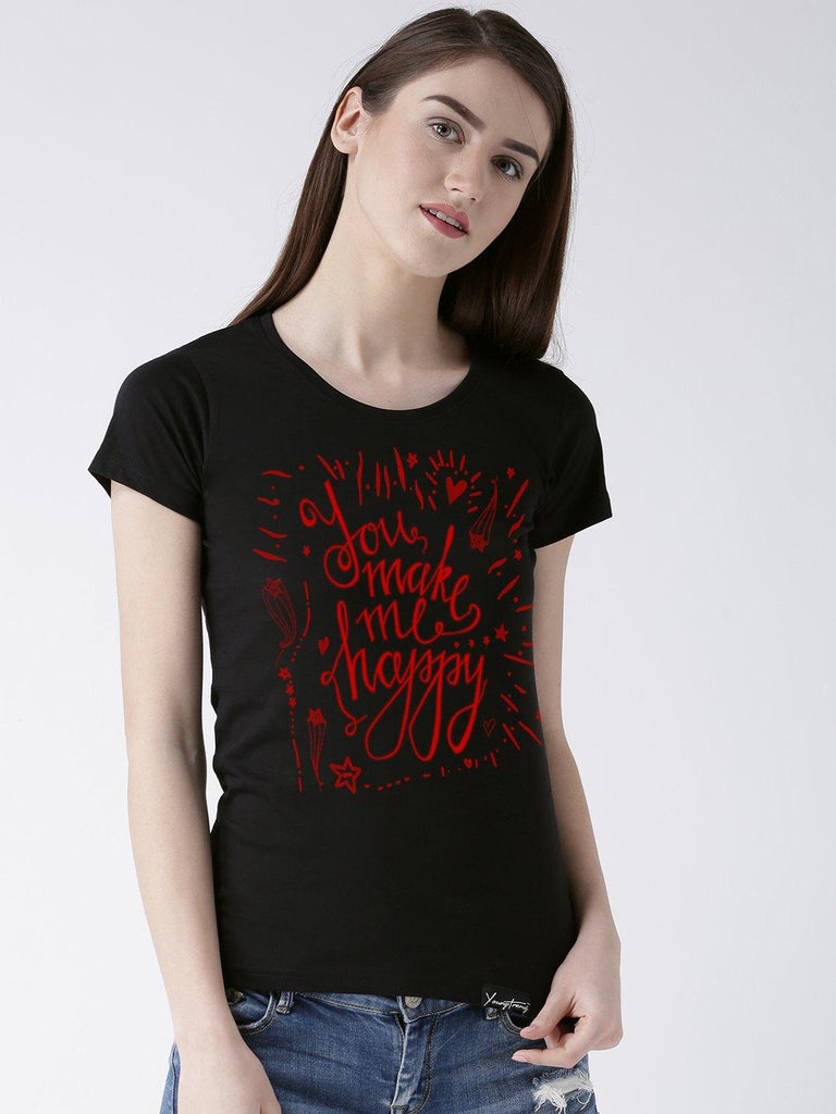 Happy Printed Black Color Couple Tshirts - Young Trendz