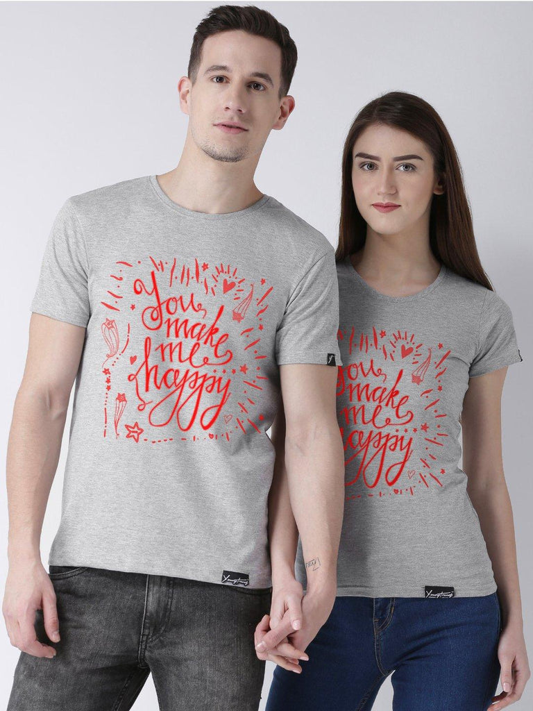 Happy Printed Grey Color Couple Tshirts - Young Trendz
