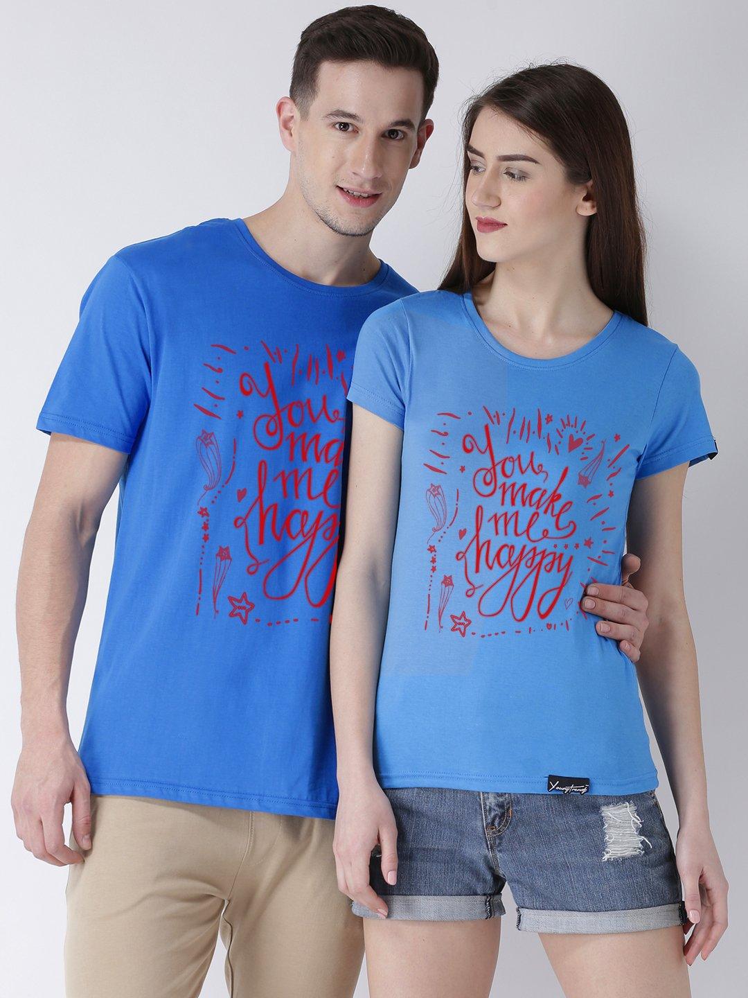 Happy Printed Skyblue Color Couple Tshirts - Young Trendz