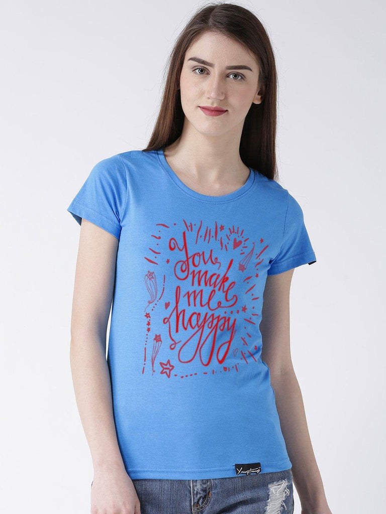 Happy Printed Skyblue Color Couple Tshirts - Young Trendz