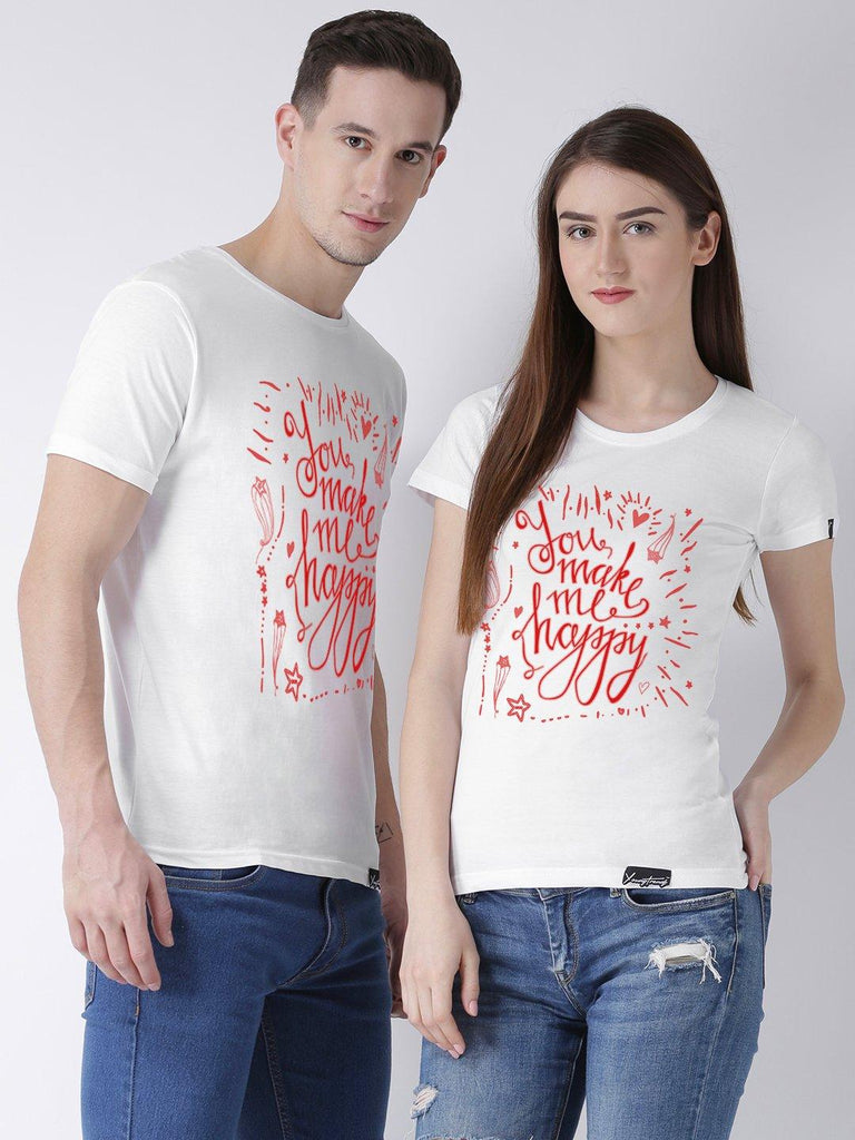 Happy Printed White Color Couple Tshirts - Young Trendz